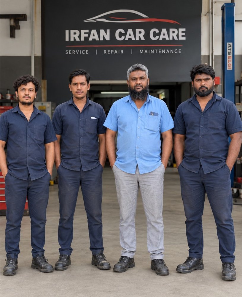 The Irfan Car Care team of technicians outside the workshop in Udgir