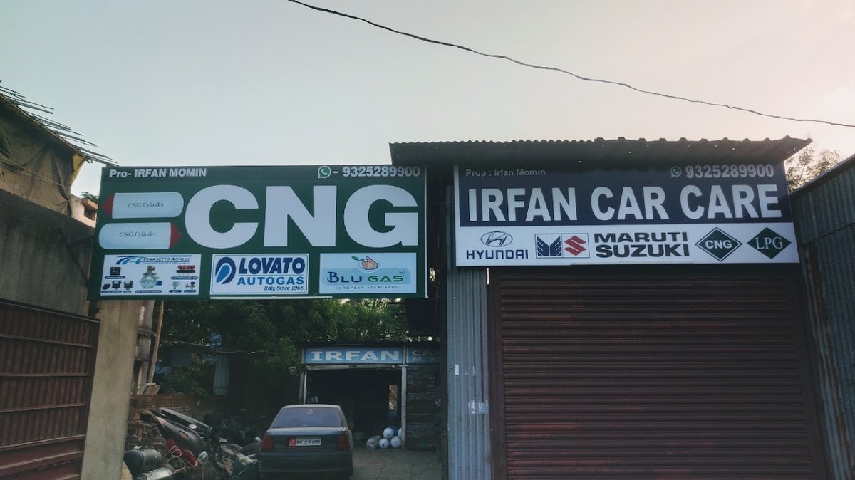 Irfan Car Care workshop entrance and CNG signage in Udgir